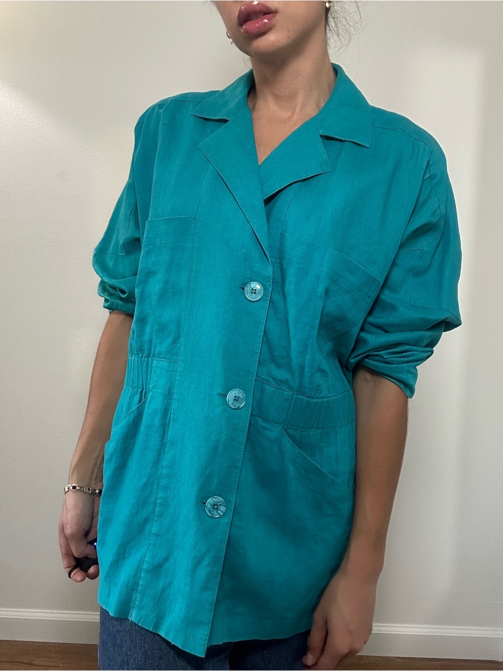 Vintage Teal 100% Linen Button-Front Jacket Shirt Collared Size 10